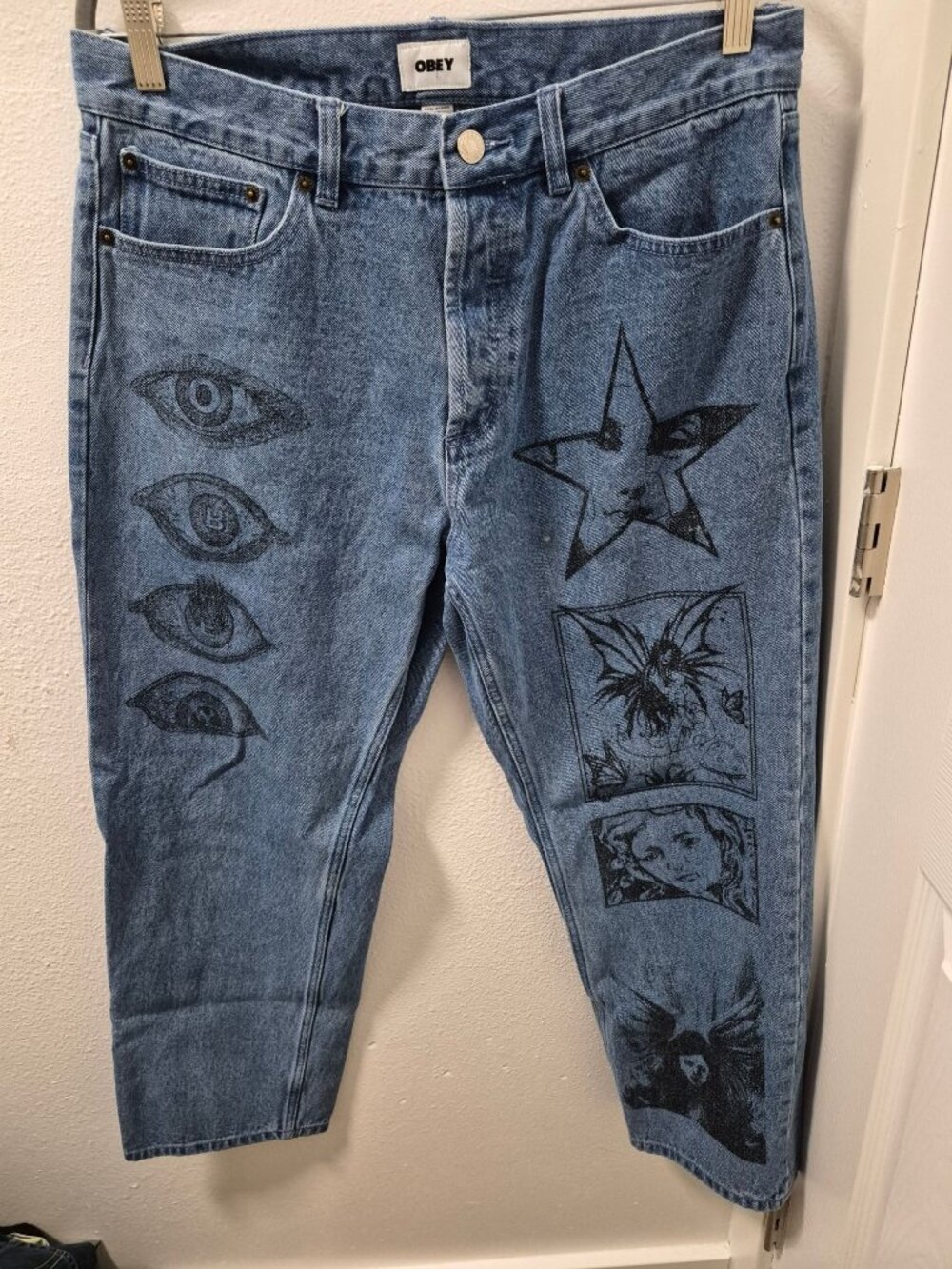 Obey Mens Blue Denim Jeans With Artistic Graphic Prints Size 32 Casual Fit READ
